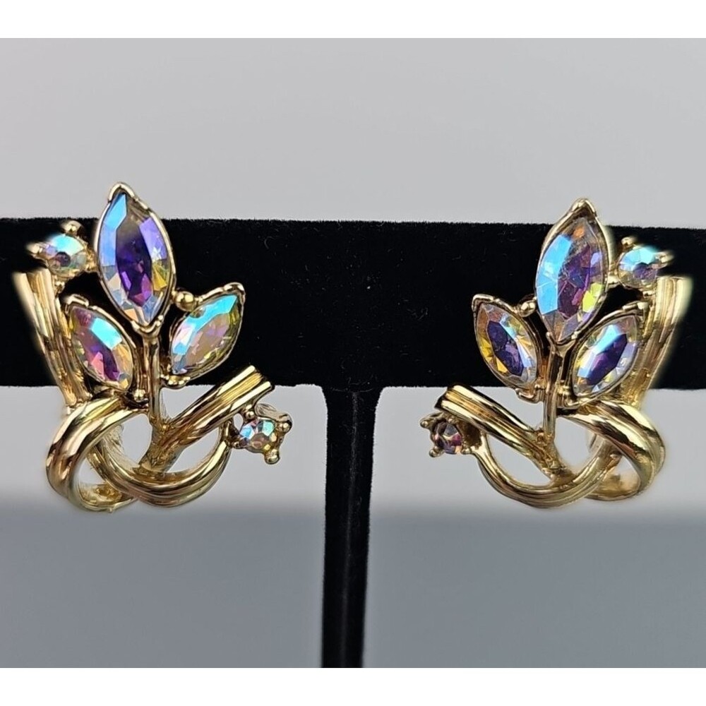 Vintage Aurora Borealis Clip on Earrings Rhinestone Floral Gold Tone 1 inch